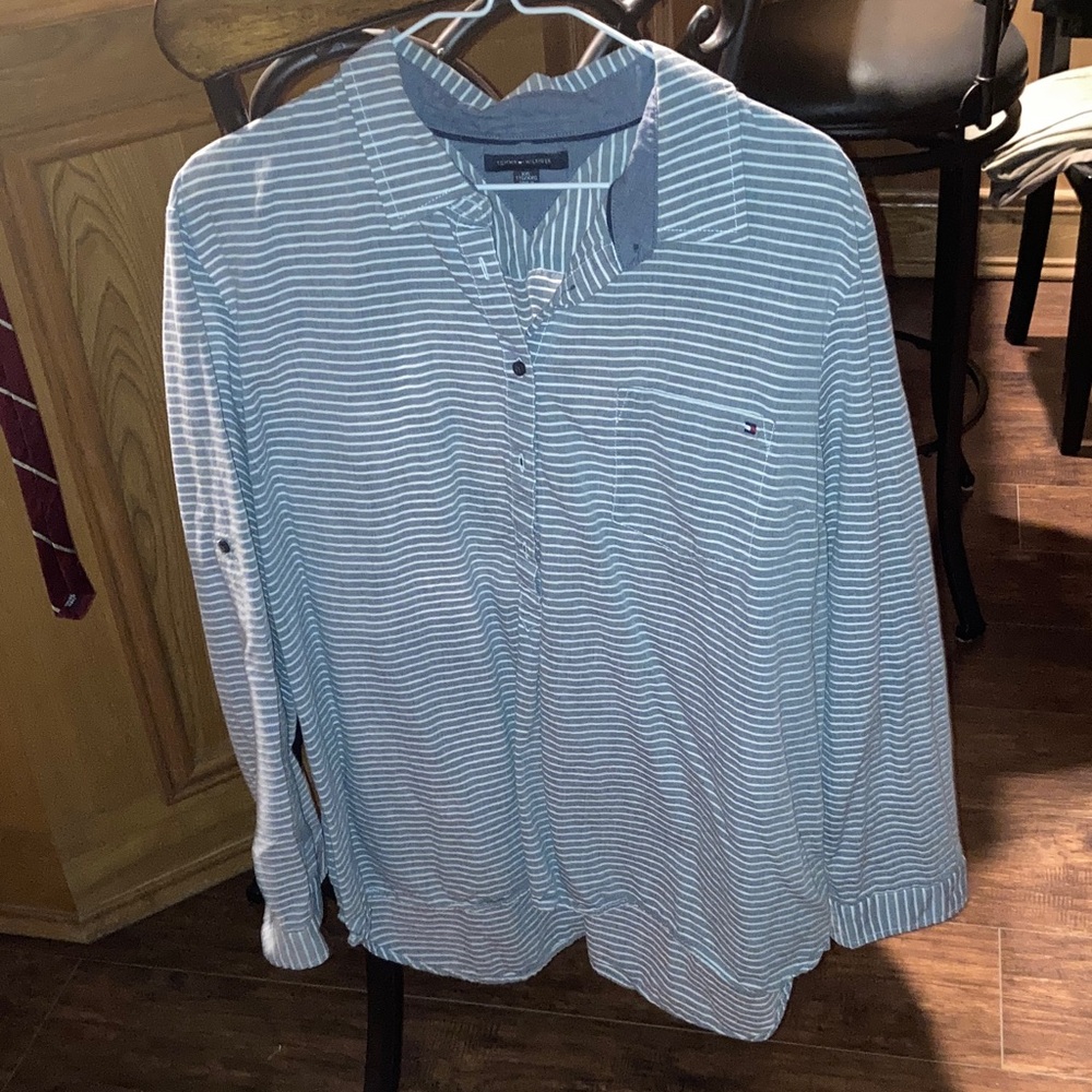 Tommy Hilfiger Light Blue & White Striped Polo-Style Button Shirt